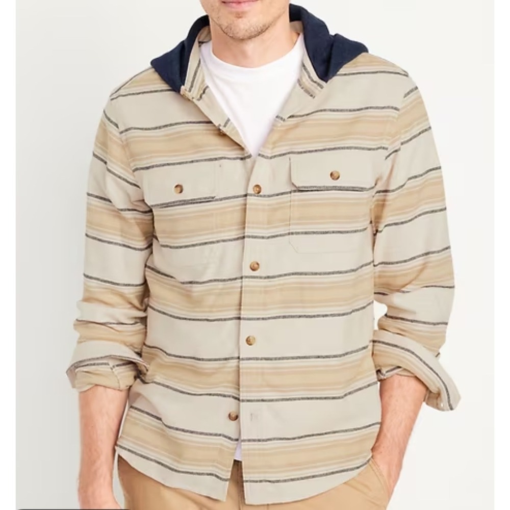 Old Navy Mens Navy Hooded Tan Flannel Button-Up Shirt Medium White Stripe EUC